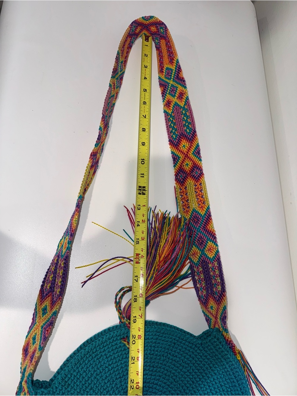 Handmade Rare Wayuu Colombian Mochila bag teal and multi color round - Picture 10 of 11